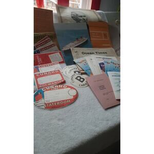 Cunard Line RMS Queen Elizabeth 1965 cruise 33 items, tags decals programmes...